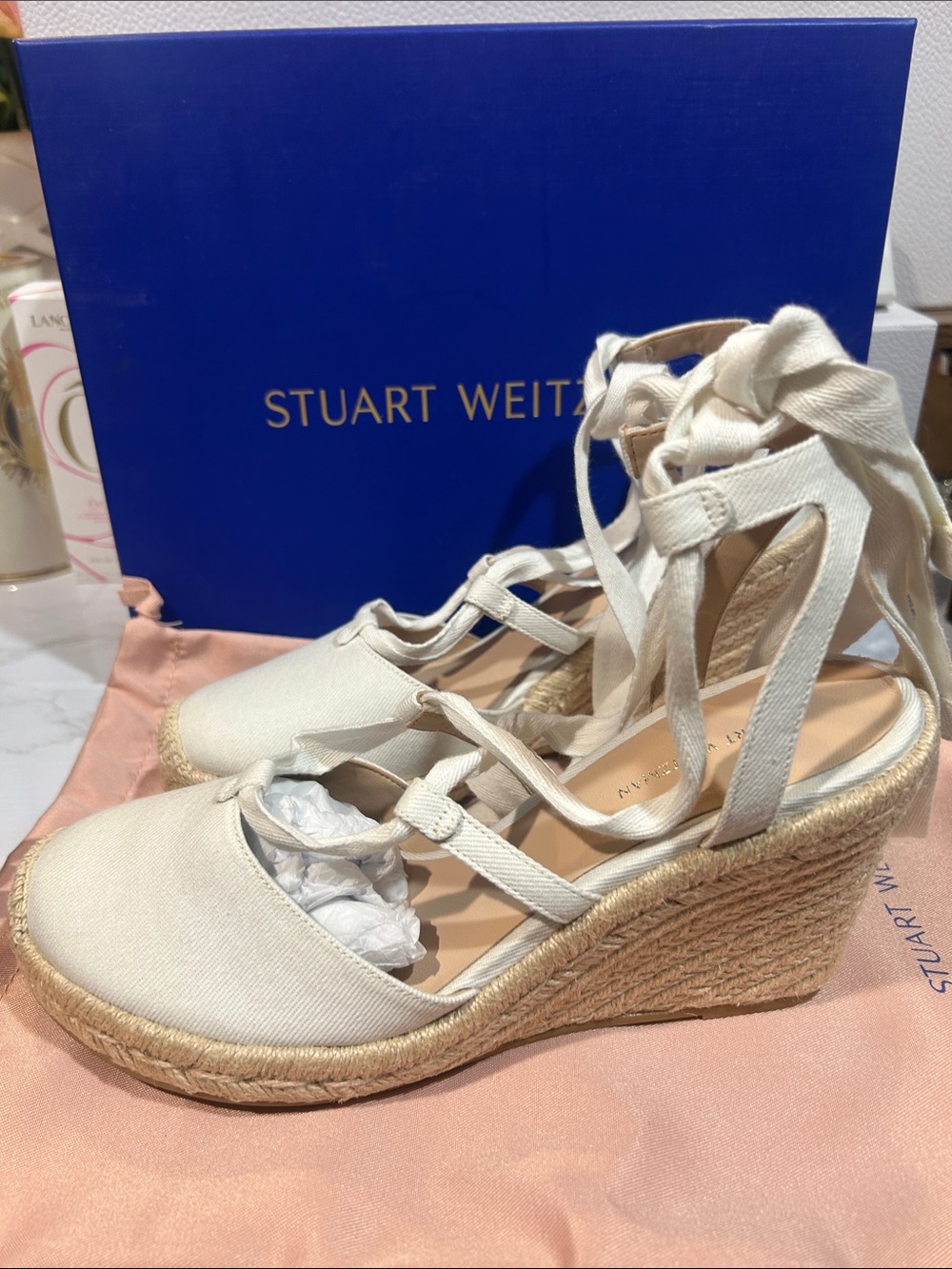 Stuart Weitzman white Espadrille Lace-Up Wedge Sandals